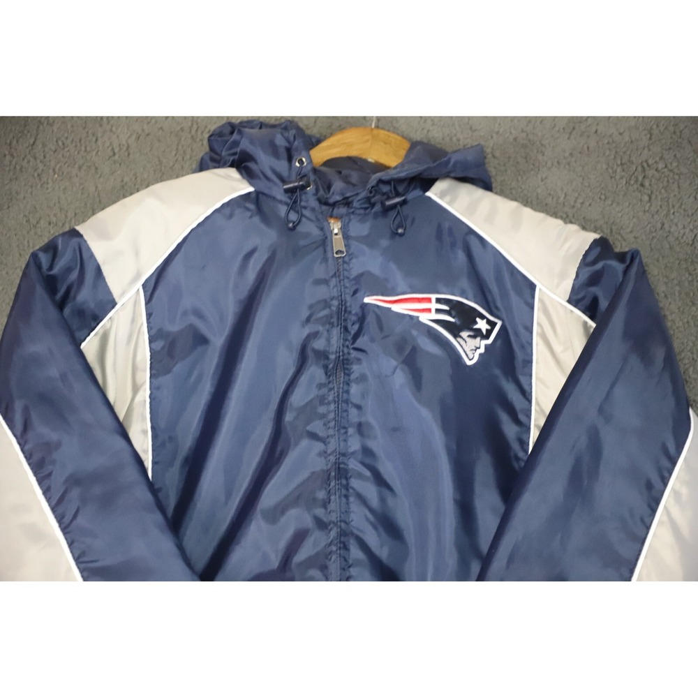 Vintage NFL Windbeaker Jacket Mens L Blue New England Patriots Full Zip Hodded - Picture 2 of 8